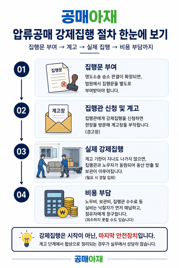 압류공매 강제집행 절차를 단계별로 정리한 세로형 인포그래픽. 집행문 부여부터 집행관 신청, 계고, 실제 강제집행, 비용 부담까지의 전체 흐름을 설명합니다.