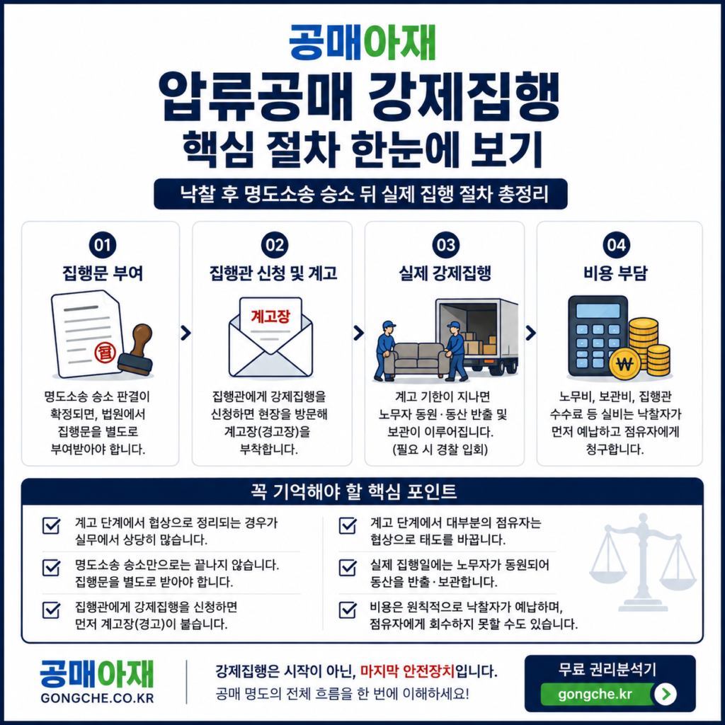 압류공매 강제집행의 핵심 절차를 요약한 정사각형 카드뉴스 이미지. 낙찰 후 명도소송 승소 이후 집행문, 계고, 강제집행, 비용 부담까지 반드시 알아야 할 핵심 내용을 정리했습니다.
